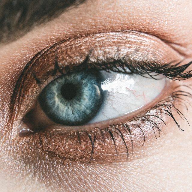 Close-up of a blue eye with long dark lashes and bronze eyeshadow